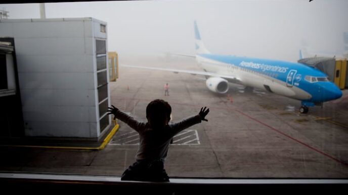 Parents travel with babies on international flight with carry-on essentials